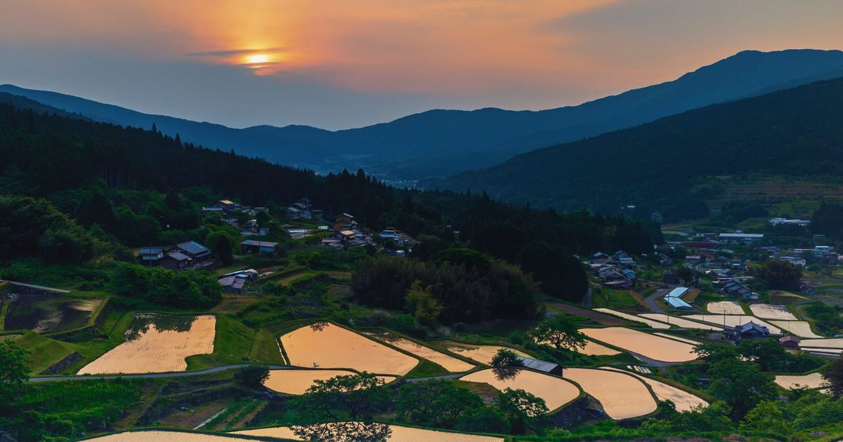 Terraced fields in Ena, Gifu, Japan, at sunset