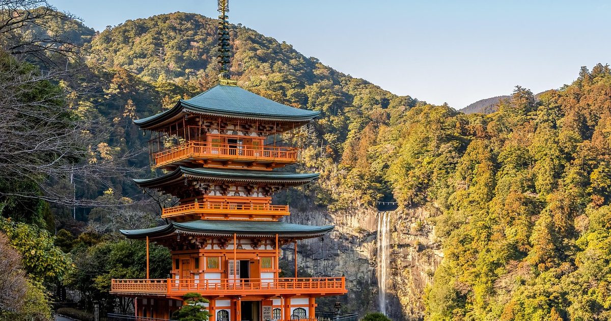 A three-storey pagoda and the Nachi waterfall, Wakayama, Japan